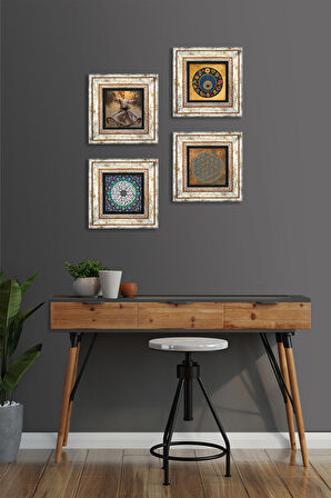 Yaşam Çiçeği, Semazen, İhlas Suresi, Nazar Taş Duvar Tablosu Çerçeveli Duvar Dekoru 4 Parça Tablo Seti Wall Art