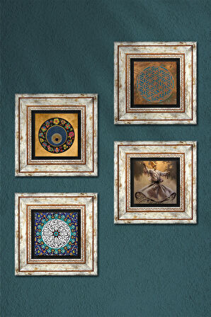 Yaşam Çiçeği, Semazen, İhlas Suresi, Nazar Taş Duvar Tablosu Çerçeveli Duvar Dekoru 4 Parça Tablo Seti Wall Art