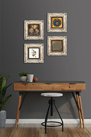 Yaşam Çiçeği, Semazen, Elif Vav, Nazar Taş Duvar Tablosu Çerçeveli Duvar Dekoru 4 Parça Tablo Seti Wall Art