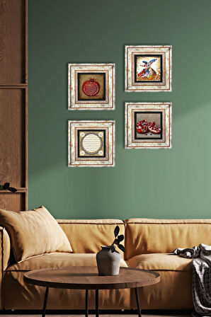 Hilye-i Şerif, Bereket Duası, Semazen, Nar Taş Duvar Tablosu Çerçeveli Duvar Dekoru 4 Parça Tablo Seti Wall Art