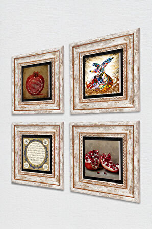 Hilye-i Şerif, Bereket Duası, Semazen, Nar Taş Duvar Tablosu Çerçeveli Duvar Dekoru 4 Parça Tablo Seti Wall Art