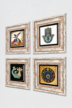 Nazar, Şahmeran, Semazen, Fatma Ana Eli (Hamsa) Taş Duvar Tablosu Çerçeveli Duvar Dekoru 4 Parça Tablo Seti Wall Art