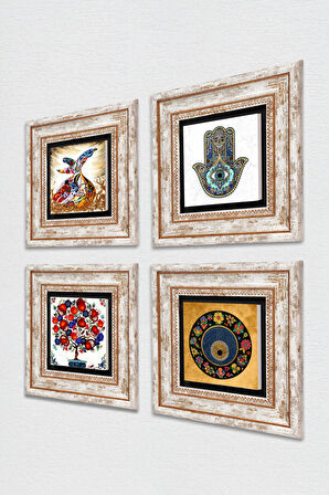 Nazar, Semazen, Nar Ağacı, Fatma Ana Eli (Hamsa) Taş Duvar Tablosu Çerçeveli Duvar Dekoru 4 Parça Tablo Seti Wall Art