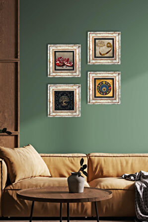 Hayat Ağacı, Vav, Nazar, Nar Taş Duvar Tablosu Çerçeveli Duvar Dekoru 4 Parça Tablo Seti Wall Art