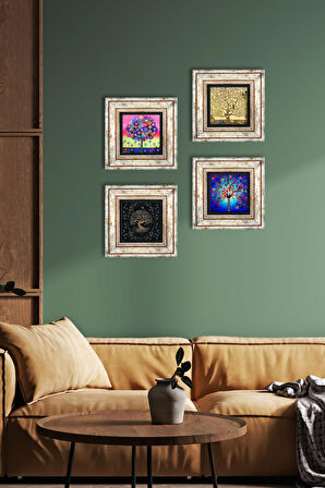 Hayat Ağacı Taş Duvar Tablosu Çerçeveli Duvar Dekoru 4 Parça Tablo Seti Wall Art
