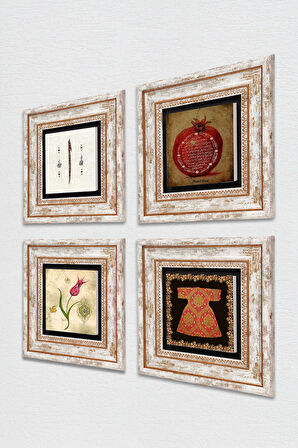 Hırka-i Şerif, Lale, Elif, Bereket Duası Taş Duvar Tablosu Çerçeveli Duvar Dekoru 4 Parça Tablo Seti Wall Art