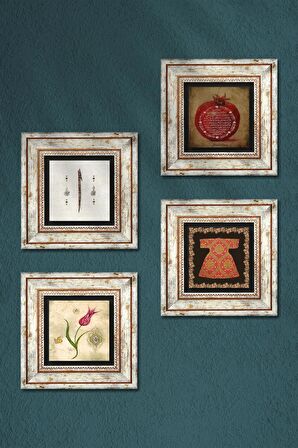 Hırka-i Şerif, Lale, Elif, Bereket Duası Taş Duvar Tablosu Çerçeveli Duvar Dekoru 4 Parça Tablo Seti Wall Art