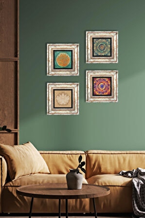 Mandala, Lotus Çiçeği Taş Duvar Tablosu Çerçeveli Duvar Dekoru 4 Parça Tablo Seti Wall Art