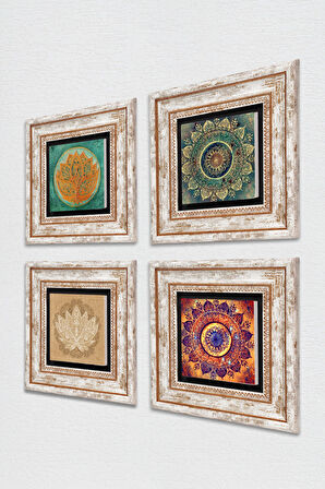Mandala, Lotus Çiçeği Taş Duvar Tablosu Çerçeveli Duvar Dekoru 4 Parça Tablo Seti Wall Art