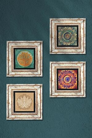 Mandala, Lotus Çiçeği Taş Duvar Tablosu Çerçeveli Duvar Dekoru 4 Parça Tablo Seti Wall Art