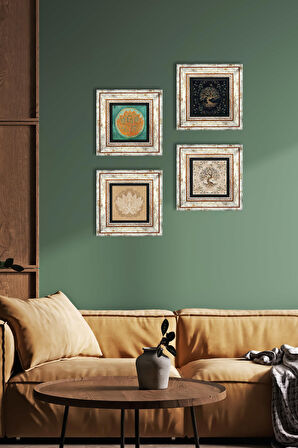 Lotus Çiçeği, Hayat Ağacı Taş Duvar Tablosu Çerçeveli Duvar Dekoru 4 Parça Tablo Seti Wall Art