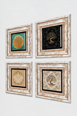 Lotus Çiçeği, Hayat Ağacı Taş Duvar Tablosu Çerçeveli Duvar Dekoru 4 Parça Tablo Seti Wall Art