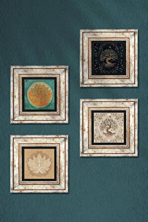 Lotus Çiçeği, Hayat Ağacı Taş Duvar Tablosu Çerçeveli Duvar Dekoru 4 Parça Tablo Seti Wall Art