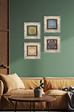 Lotus Çiçeği, Yaşam Çiçeği Taş Duvar Tablosu Çerçeveli Duvar Dekoru 4 Parça Tablo Seti Wall Art