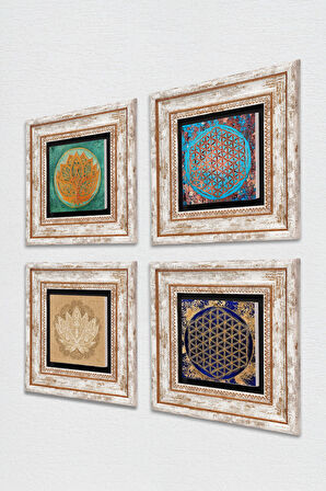 Lotus Çiçeği, Yaşam Çiçeği Taş Duvar Tablosu Çerçeveli Duvar Dekoru 4 Parça Tablo Seti Wall Art