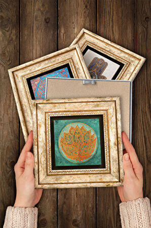 Lotus Çiçeği, Yaşam Çiçeği Taş Duvar Tablosu Çerçeveli Duvar Dekoru 4 Parça Tablo Seti Wall Art