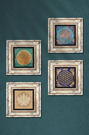 Lotus Çiçeği, Yaşam Çiçeği Taş Duvar Tablosu Çerçeveli Duvar Dekoru 4 Parça Tablo Seti Wall Art