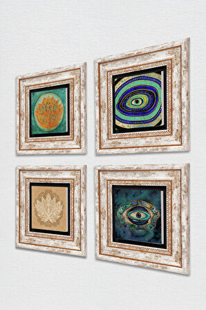 Nazar, Lotus Çiçeği Taş Duvar Tablosu Çerçeveli Duvar Dekoru 4 Parça Tablo Seti Wall Art