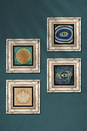 Nazar, Lotus Çiçeği Taş Duvar Tablosu Çerçeveli Duvar Dekoru 4 Parça Tablo Seti Wall Art