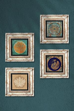 Tavus Kuşu, Yaşam Çiçeği, Lotus Çiçeği Taş Duvar Tablosu Çerçeveli Duvar Dekoru 4 Parça Tablo Seti Wall Art