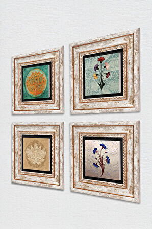 Ebru Sanatı, Lotus Çiçeği Taş Duvar Tablosu Çerçeveli Duvar Dekoru 4 Parça Tablo Seti Wall Art