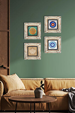 Nazar, Lotus Çiçeği Taş Duvar Tablosu Çerçeveli Duvar Dekoru 4 Parça Tablo Seti Wall Art