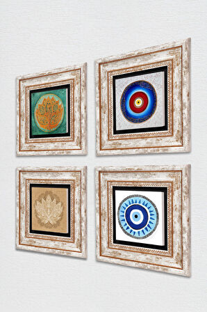 Nazar, Lotus Çiçeği Taş Duvar Tablosu Çerçeveli Duvar Dekoru 4 Parça Tablo Seti Wall Art