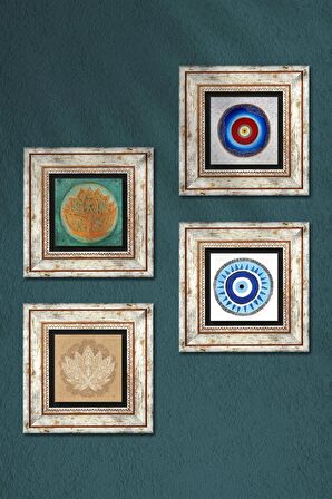 Nazar, Lotus Çiçeği Taş Duvar Tablosu Çerçeveli Duvar Dekoru 4 Parça Tablo Seti Wall Art