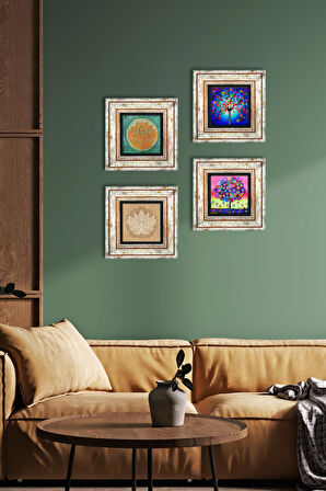 Lotus Çiçeği, Hayat Ağacı Taş Duvar Tablosu Çerçeveli Duvar Dekoru 4 Parça Tablo Seti Wall Art