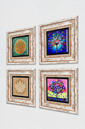 Lotus Çiçeği, Hayat Ağacı Taş Duvar Tablosu Çerçeveli Duvar Dekoru 4 Parça Tablo Seti Wall Art