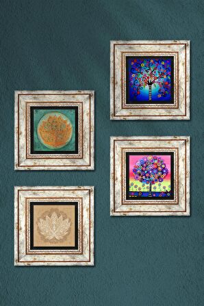 Lotus Çiçeği, Hayat Ağacı Taş Duvar Tablosu Çerçeveli Duvar Dekoru 4 Parça Tablo Seti Wall Art