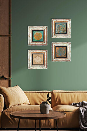 Yaşam Çiçeği, Lotus Çiçeği Taş Duvar Tablosu Çerçeveli Duvar Dekoru 4 Parça Tablo Seti Wall Art