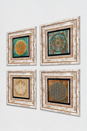 Yaşam Çiçeği, Lotus Çiçeği Taş Duvar Tablosu Çerçeveli Duvar Dekoru 4 Parça Tablo Seti Wall Art