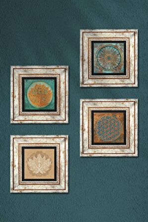 Yaşam Çiçeği, Lotus Çiçeği Taş Duvar Tablosu Çerçeveli Duvar Dekoru 4 Parça Tablo Seti Wall Art