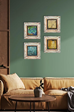 Gustav Klimt, Van Gogh Taş Duvar Tablosu Çerçeveli Duvar Dekoru 4 Parça Tablo Seti Wall Art