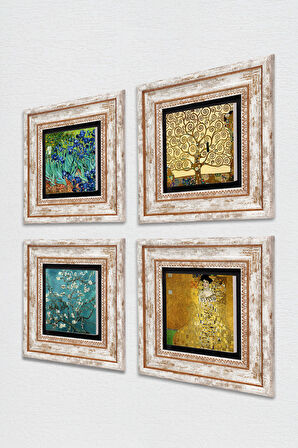 Gustav Klimt, Van Gogh Taş Duvar Tablosu Çerçeveli Duvar Dekoru 4 Parça Tablo Seti Wall Art