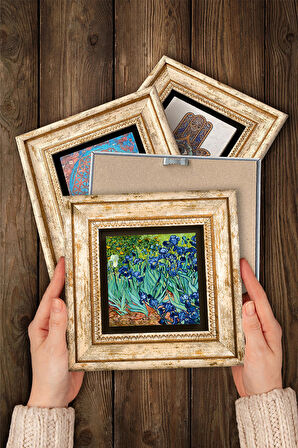 Gustav Klimt, Van Gogh Taş Duvar Tablosu Çerçeveli Duvar Dekoru 4 Parça Tablo Seti Wall Art