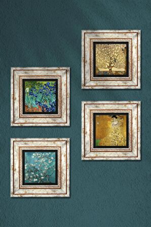 Gustav Klimt, Van Gogh Taş Duvar Tablosu Çerçeveli Duvar Dekoru 4 Parça Tablo Seti Wall Art