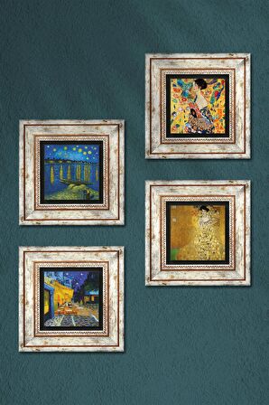 Van Gogh, Gustav Klimt Taş Duvar Tablosu Çerçeveli Duvar Dekoru 4 Parça Tablo Seti Wall Art