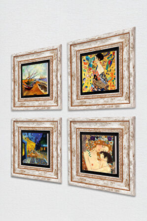 Van Gogh, Gustav Klimt Taş Duvar Tablosu Çerçeveli Duvar Dekoru 4 Parça Tablo Seti Wall Art