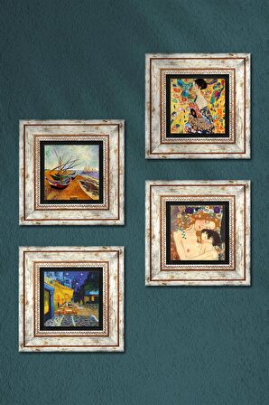 Van Gogh, Gustav Klimt Taş Duvar Tablosu Çerçeveli Duvar Dekoru 4 Parça Tablo Seti Wall Art