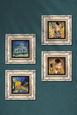 Van Gogh, Gustav Klimt Taş Duvar Tablosu Çerçeveli Duvar Dekoru 4 Parça Tablo Seti Wall Art