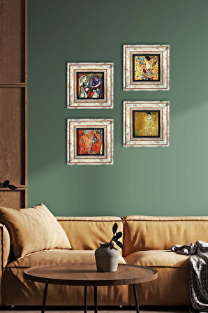 Picasso, Gustav Klimt Taş Duvar Tablosu Çerçeveli Duvar Dekoru 4 Parça Tablo Seti Wall Art