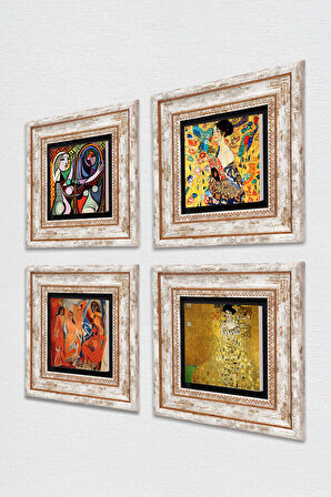 Picasso, Gustav Klimt Taş Duvar Tablosu Çerçeveli Duvar Dekoru 4 Parça Tablo Seti Wall Art