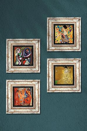 Picasso, Gustav Klimt Taş Duvar Tablosu Çerçeveli Duvar Dekoru 4 Parça Tablo Seti Wall Art