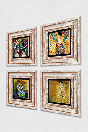 Picasso, Gustav Klimt Taş Duvar Tablosu Çerçeveli Duvar Dekoru 4 Parça Tablo Seti Wall Art