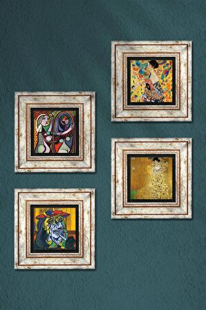 Picasso, Gustav Klimt Taş Duvar Tablosu Çerçeveli Duvar Dekoru 4 Parça Tablo Seti Wall Art