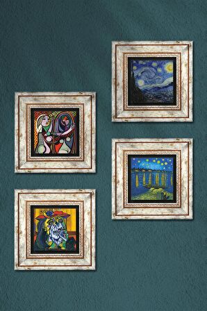 Picasso, Van Gogh Taş Duvar Tablosu Çerçeveli Duvar Dekoru 4 Parça Tablo Seti Wall Art