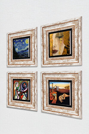 Salvador Dalí, Picasso, Van Gogh, Gustav Klimt Taş Duvar Tablosu Çerçeveli Duvar Dekoru 4 Parça Tablo Seti Wall Art