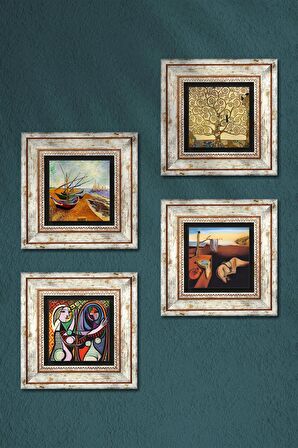 Salvador Dalí, Picasso, Van Gogh, Gustav Klimt Taş Duvar Tablosu Çerçeveli Duvar Dekoru 4 Parça Tablo Seti Wall Art